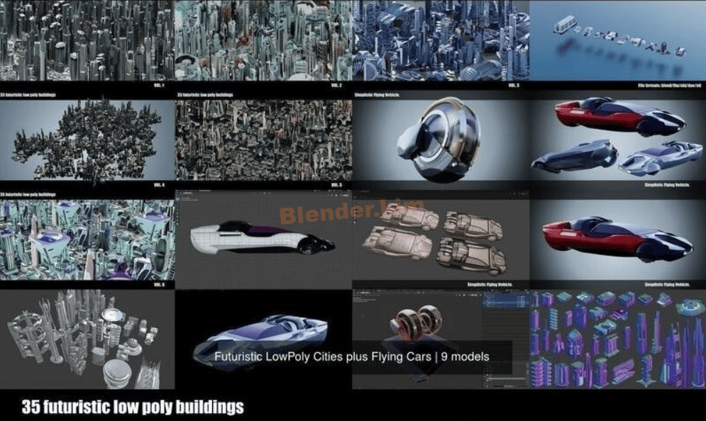 科幻城市楼房汽车低精度3D模型 Cgtrader – Futuristic LowPoly Cities with Flying Cars 3D Model Collection-魔酷网
